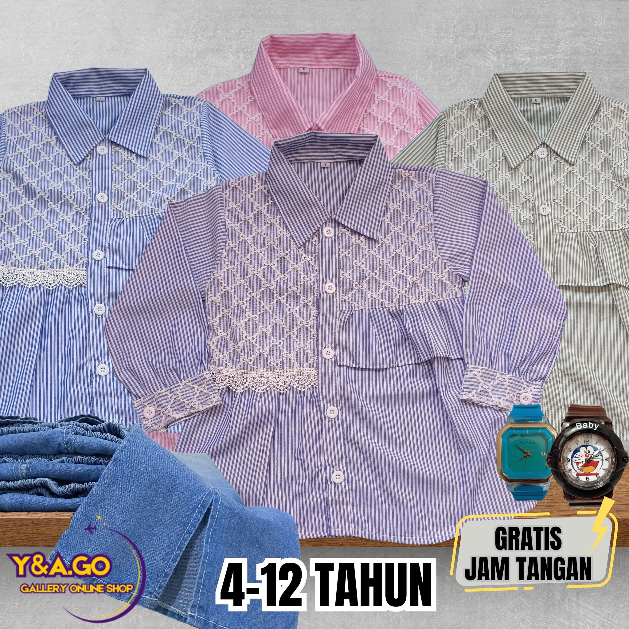 (GRATIS JAM TANGAN) SETELAN ANAK PEREMPUAN 4-12 TAHUN KEMEJA SALUR DAN CELANA JEANS CUTBRAY logo