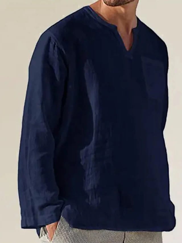 Baju Koko Linen Pria Dewasa Lengan Panjang Kerah VNeck Keren