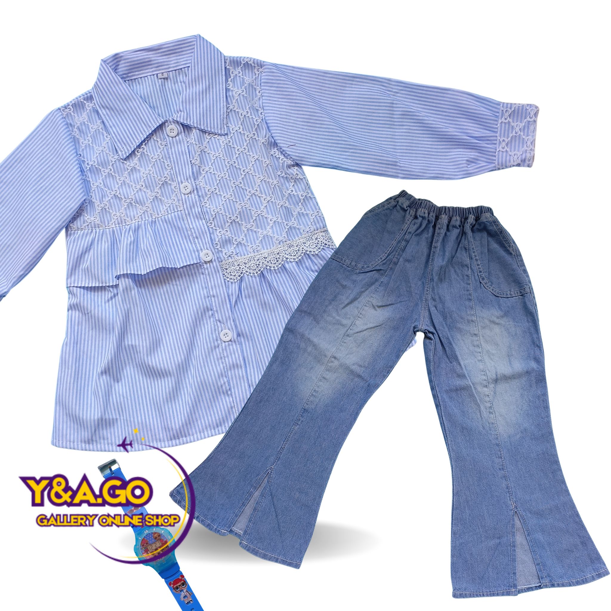 (GRATIS JAM TANGAN) SETELAN ANAK PEREMPUAN 4-12 TAHUN KEMEJA SALUR DAN CELANA JEANS CUTBRAY