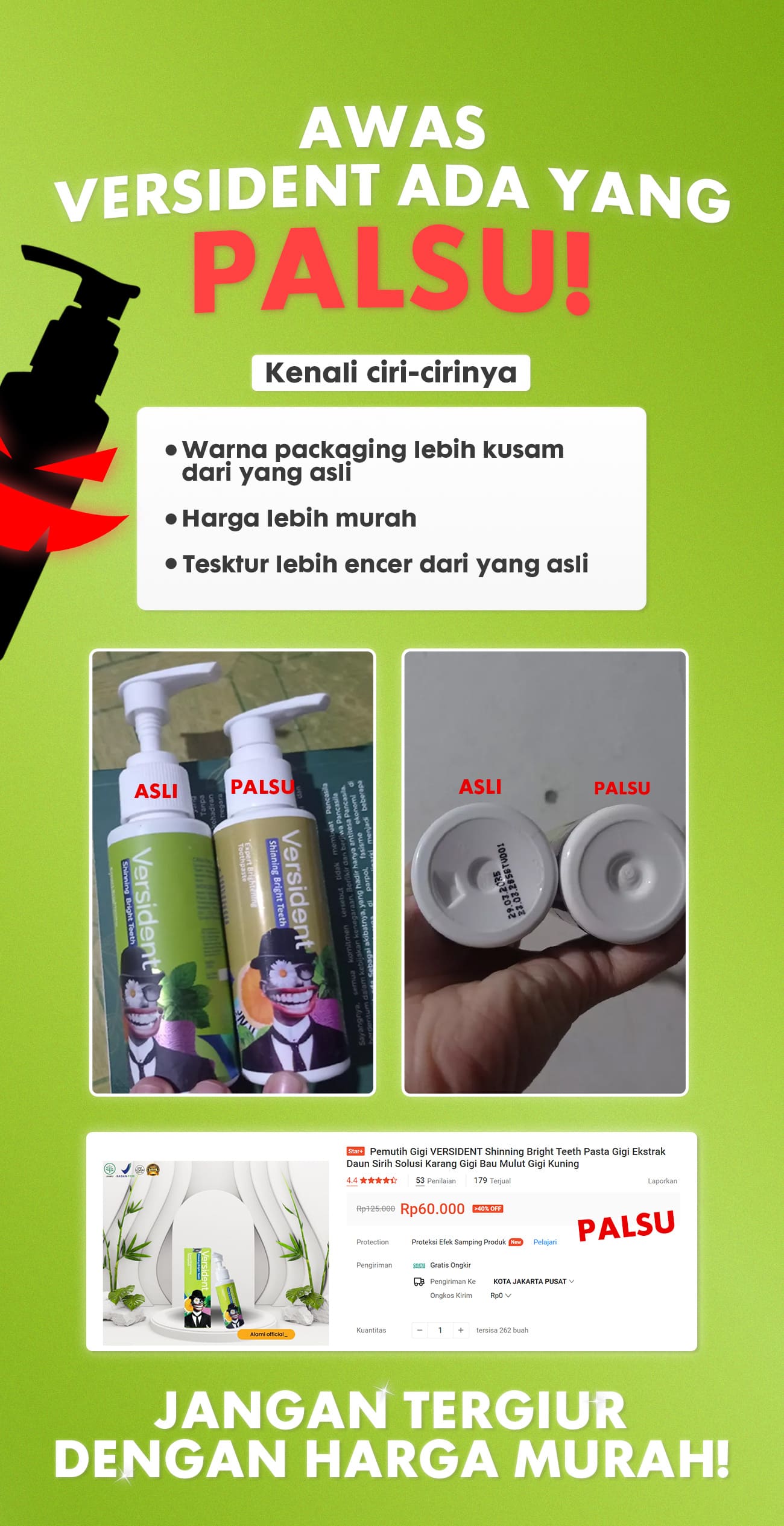 Peringatan Versident Palsu vs Asli