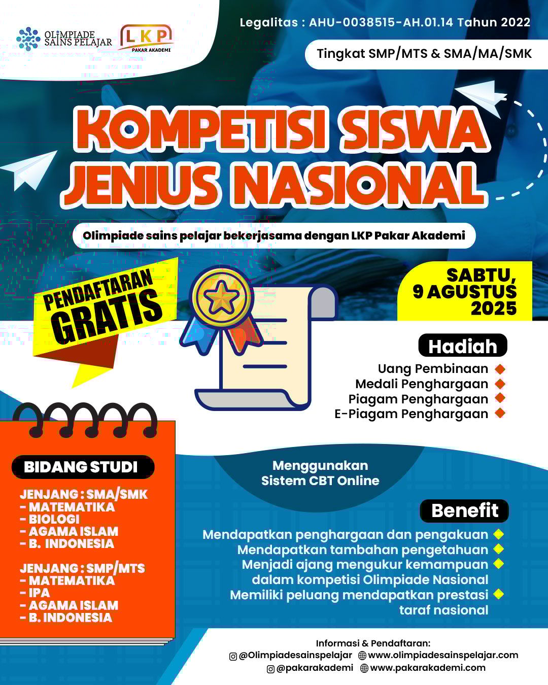 KOMPETISI SISWA JENIUS NASIONAL -  9 AGUSTUS 2025 OSPxLKP logo