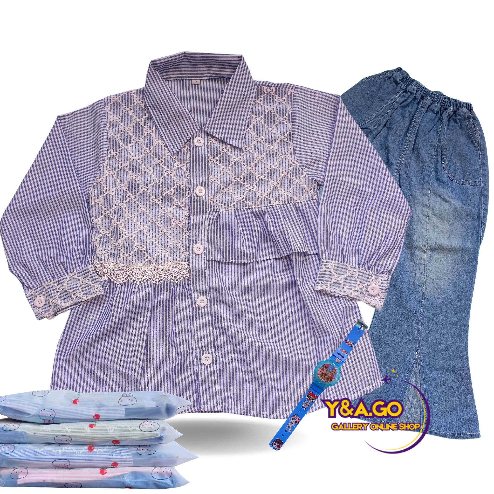 (GRATIS JAM TANGAN) SETELAN ANAK PEREMPUAN 4-12 TAHUN KEMEJA SALUR DAN CELANA JEANS CUTBRAY