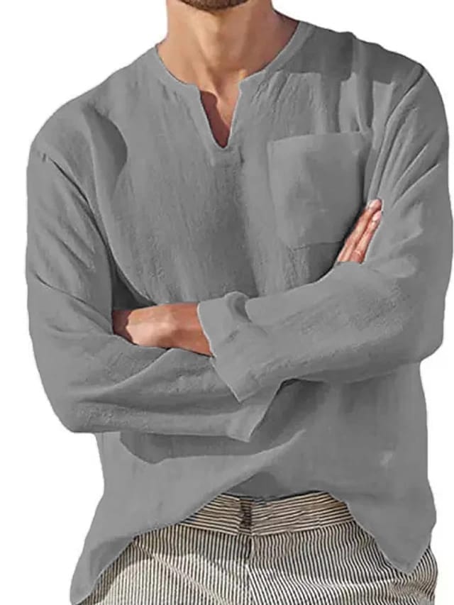 Baju Koko Linen Pria Dewasa Lengan Panjang Kerah VNeck Keren