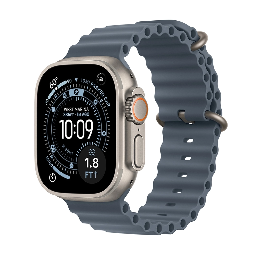 Apple Watch Ultra 3 Natural Titanium - Ocean Band - Anchor Blue logo