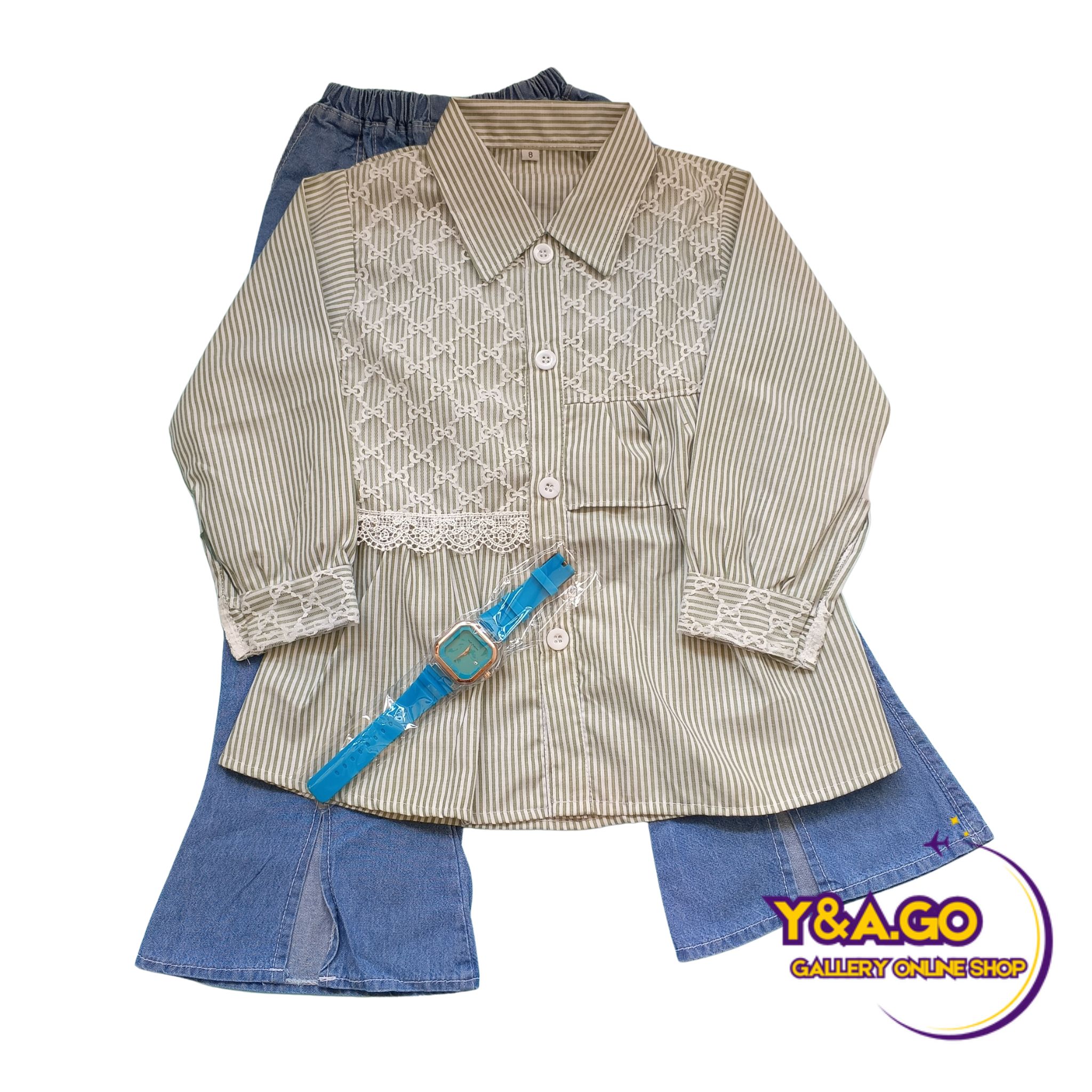 (GRATIS JAM TANGAN) SETELAN ANAK PEREMPUAN 4-12 TAHUN KEMEJA SALUR DAN CELANA JEANS CUTBRAY
