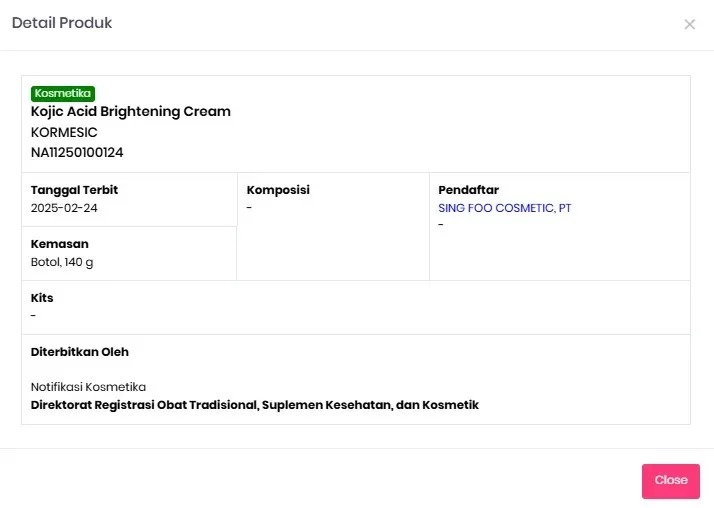 Kojic Acid Brightening Active Cream BPOM EG-EVPO 12