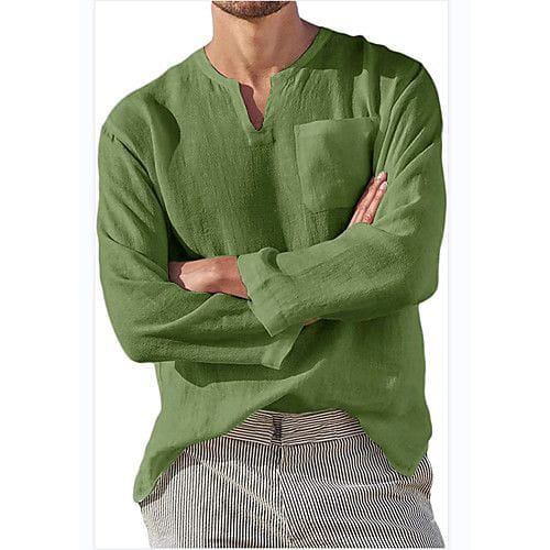 Baju Koko Linen Pria Lengan Panjang VNeck Cream