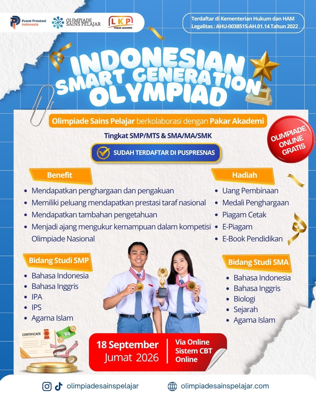 INDONESIAN SMART GENERATION OLYMPIAD 18 SEPTEMBER 2026 OSP X LKP logo