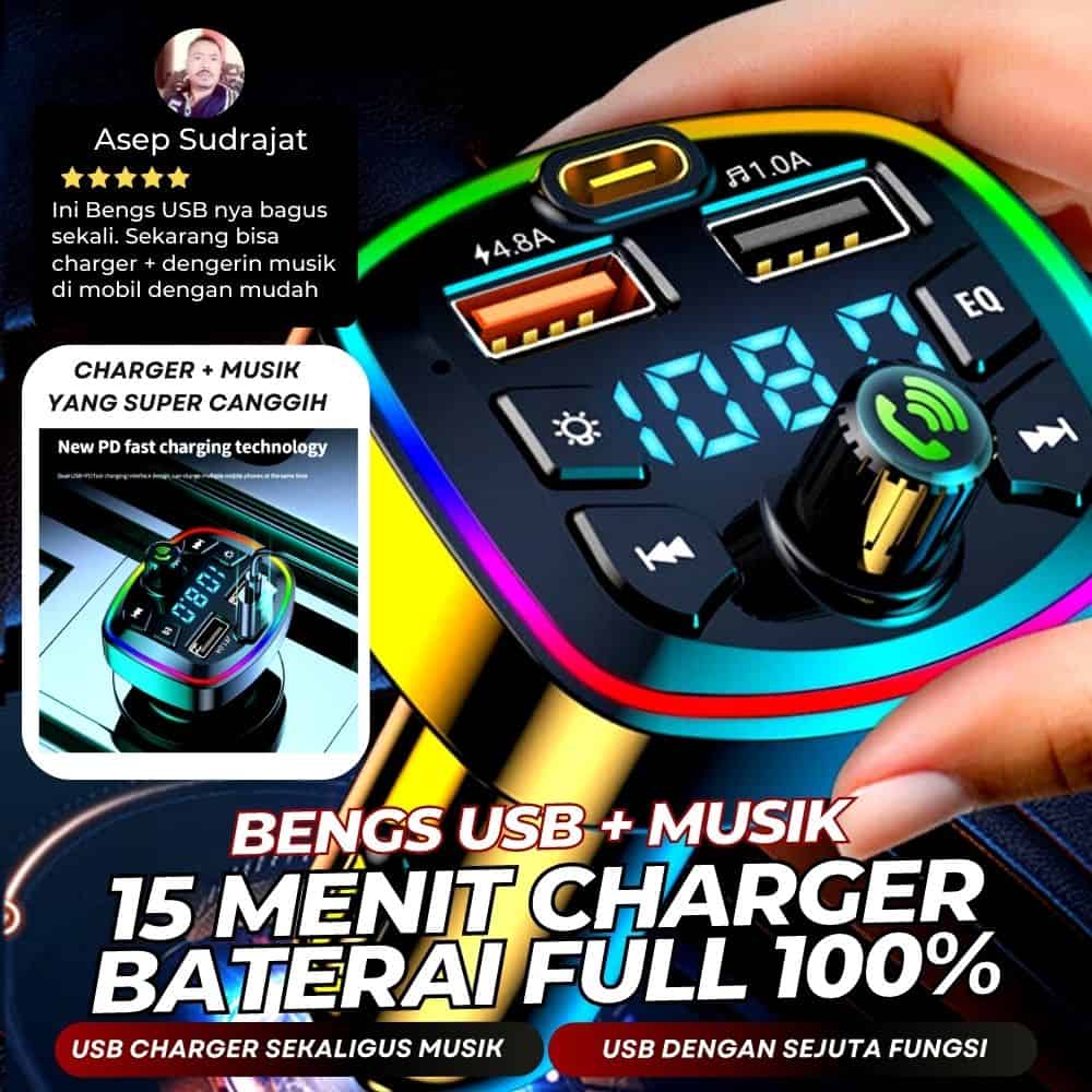 Pemancar FM Bluetooth 5.0 Mobil PD 18W, Pengisi Daya Cepat USB Ganda Tipe-c 4.2A, Lampu Latar LED logo