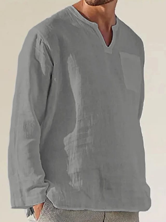 Baju Koko Linen Pria Dewasa Lengan Panjang Kerah VNeck Keren