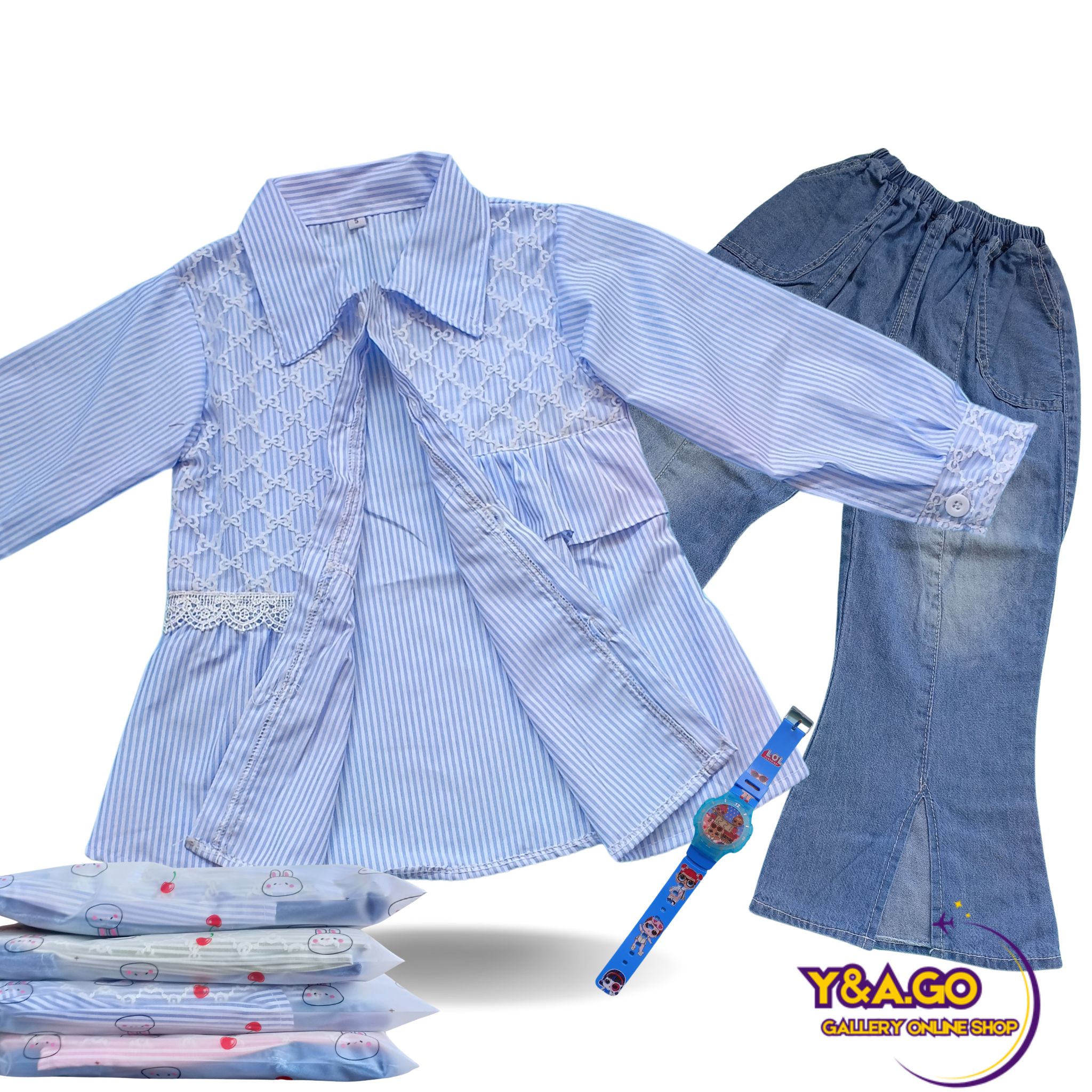(GRATIS JAM TANGAN) SETELAN ANAK PEREMPUAN 4-12 TAHUN KEMEJA SALUR DAN CELANA JEANS CUTBRAY