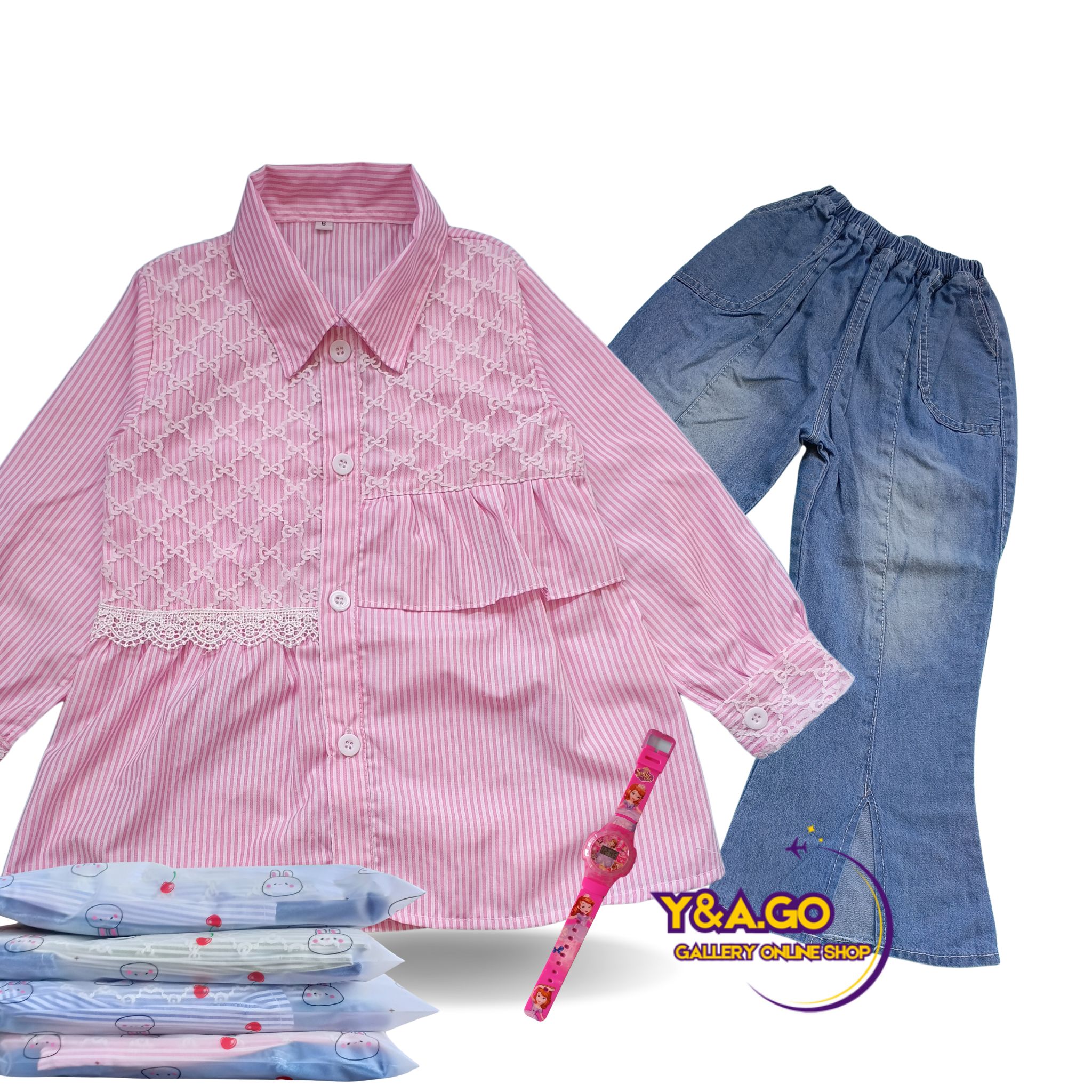 (GRATIS JAM TANGAN) SETELAN ANAK PEREMPUAN 4-12 TAHUN KEMEJA SALUR DAN CELANA JEANS CUTBRAY