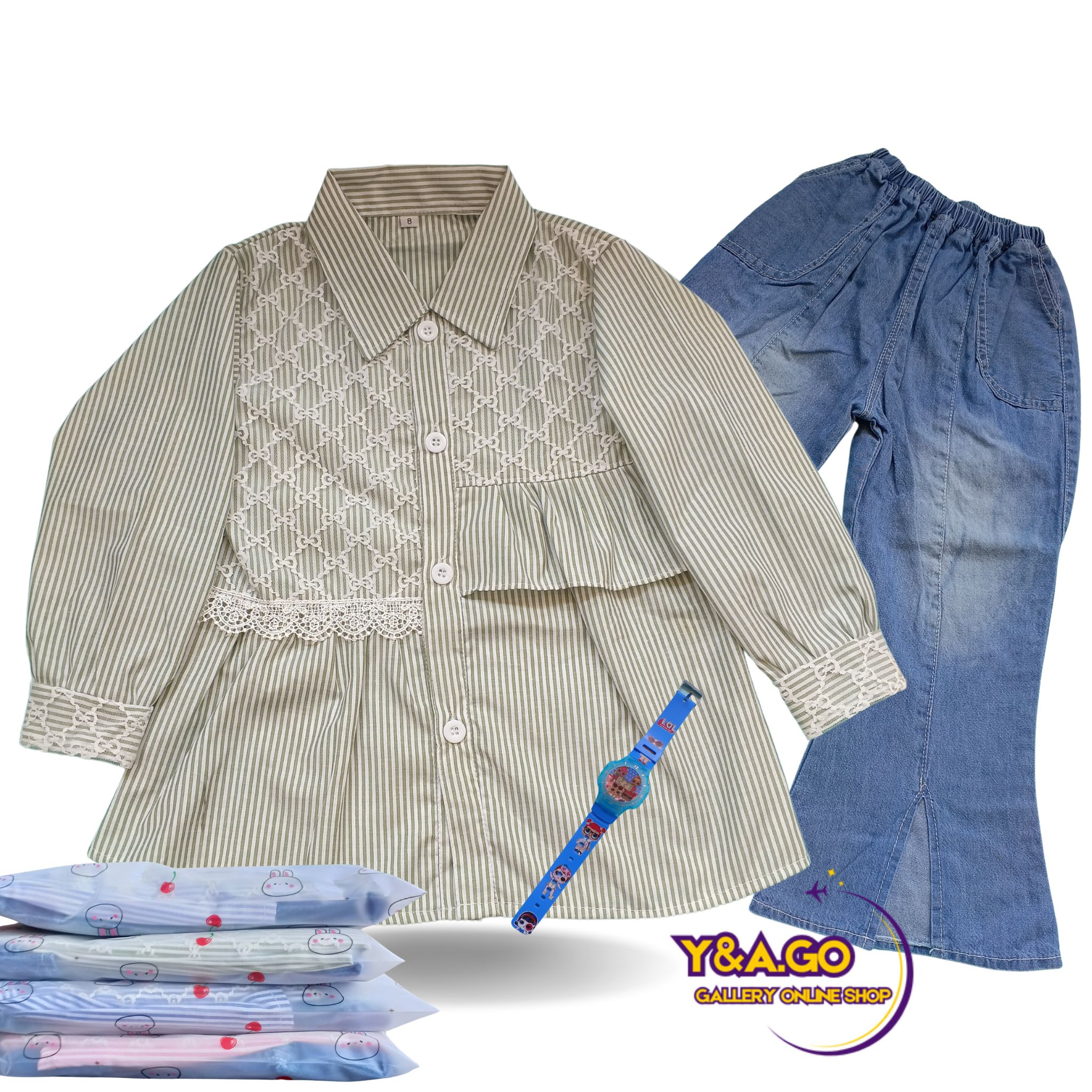(GRATIS JAM TANGAN) SETELAN ANAK PEREMPUAN 4-12 TAHUN KEMEJA SALUR DAN CELANA JEANS CUTBRAY