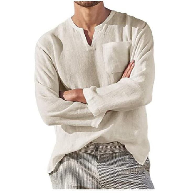 Baju Koko Linen Pria Lengan Panjang VNeck Cream logo