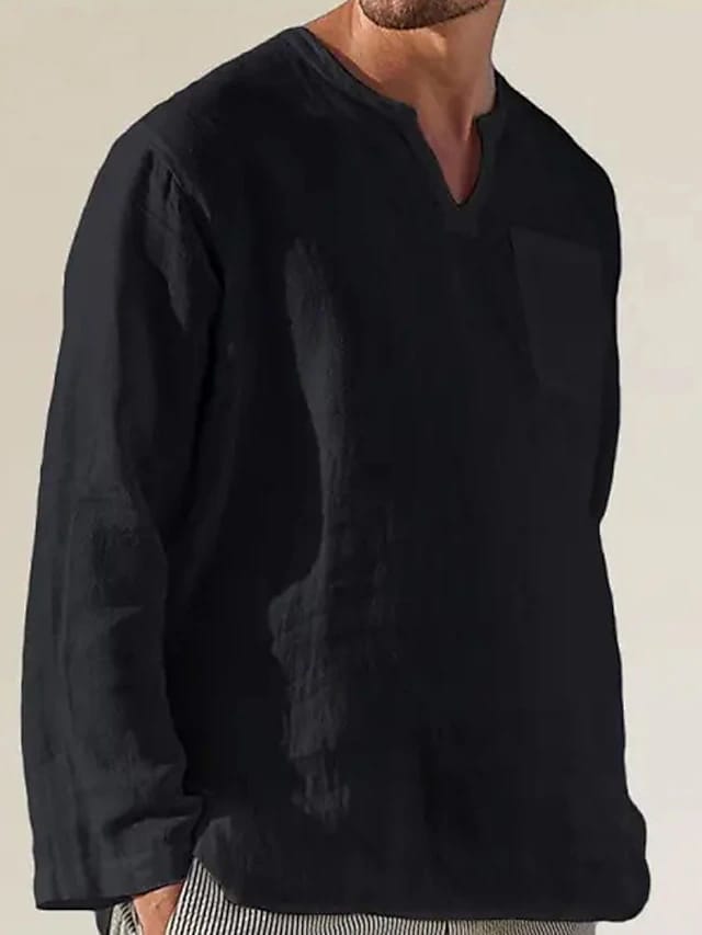 Baju Koko Linen Pria Dewasa Lengan Panjang Kerah VNeck Keren