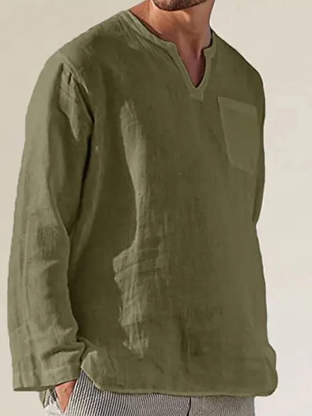 Baju Koko Linen Pria Dewasa Lengan Panjang Kerah VNeck Keren