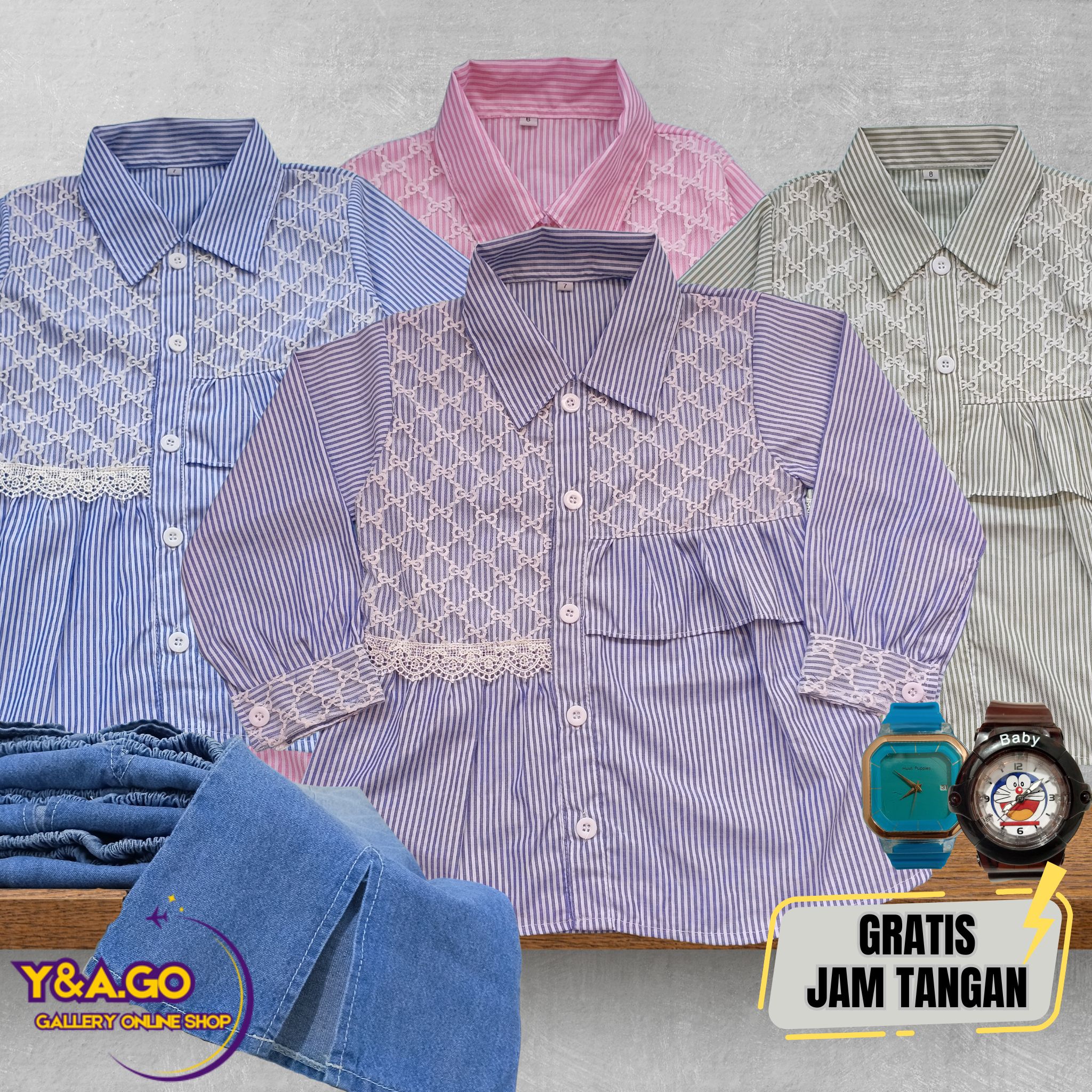 (GRATIS JAM TANGAN) SETELAN ANAK PEREMPUAN 4-12 TAHUN KEMEJA SALUR DAN CELANA JEANS CUTBRAY