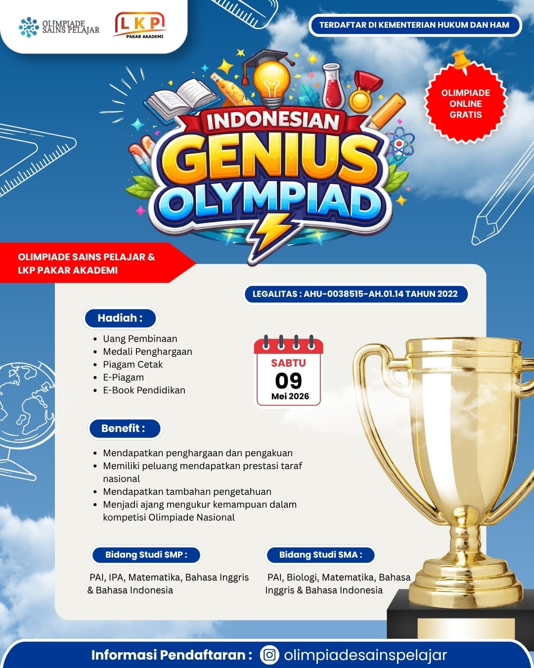 INDONESIAN GENIUS OLYMPIAD - 9 MEI 2026 OSPXLKP logo