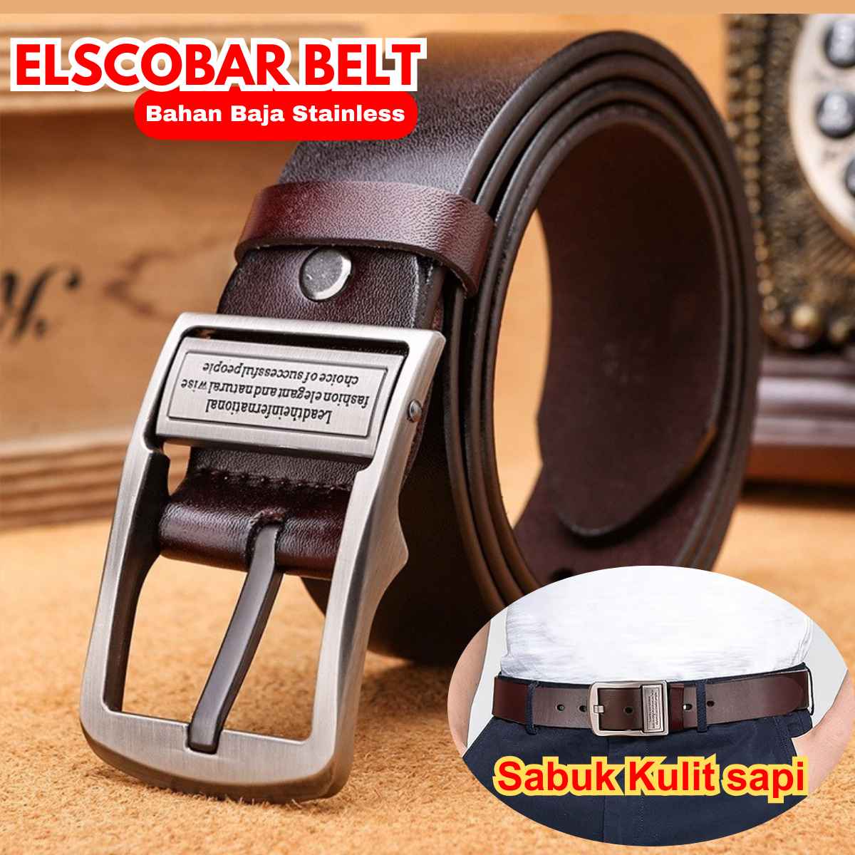Sabuk Kulit elscobar bonus dompet premium Gads logo