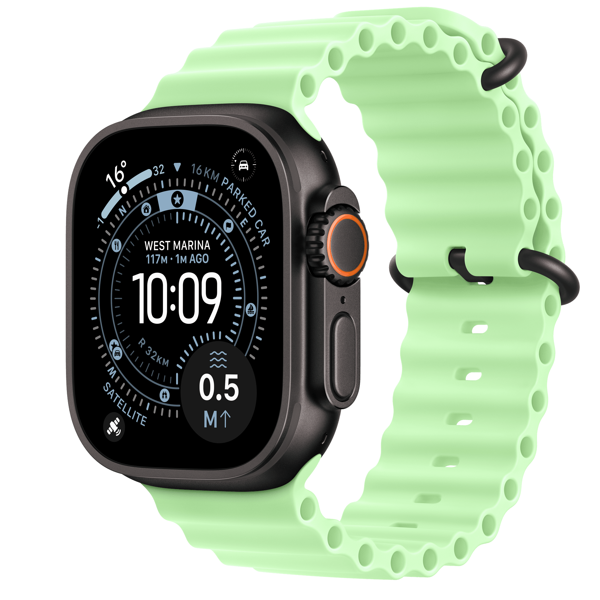 Apple Watch Ultra 3 Black Titanium - Ocean Band - Neon Green logo