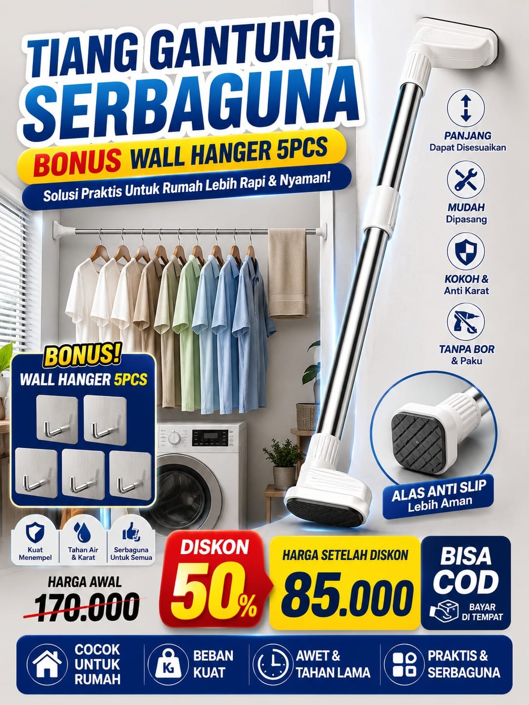 Tiang Gantung Serbaguna Bonus Wall Hanger Stainless Berkualitas Dan Potongan Ongkir | YT-BGS logo