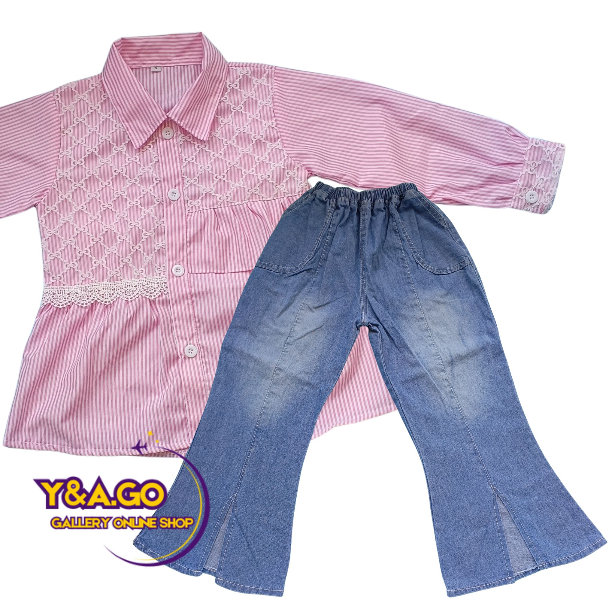 (GRATIS JAM TANGAN) SETELAN ANAK PEREMPUAN 4-12 TAHUN KEMEJA SALUR DAN CELANA JEANS CUTBRAY