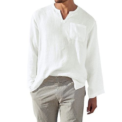 Baju Koko Linen Pria Dewasa Lengan Panjang Kerah VNeck Keren