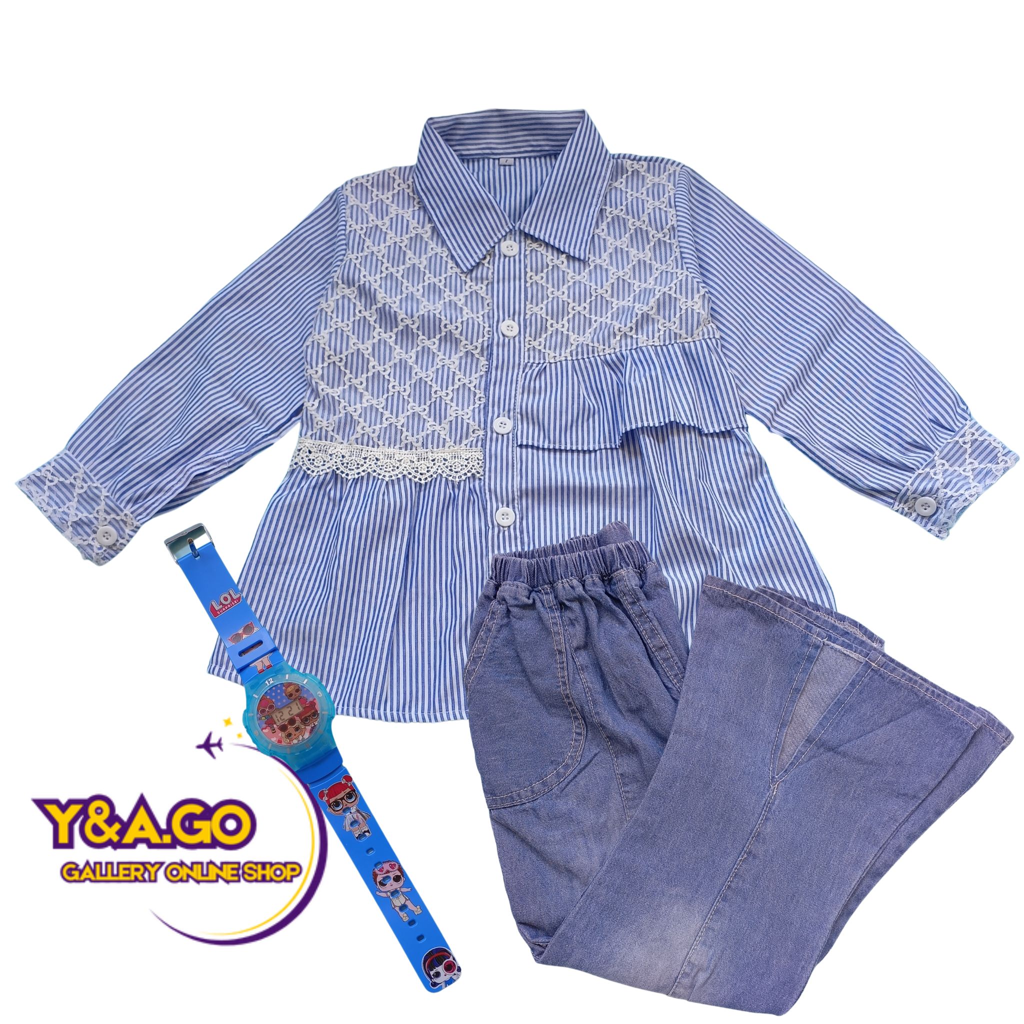(GRATIS JAM TANGAN) SETELAN ANAK PEREMPUAN 4-12 TAHUN KEMEJA SALUR DAN CELANA JEANS CUTBRAY