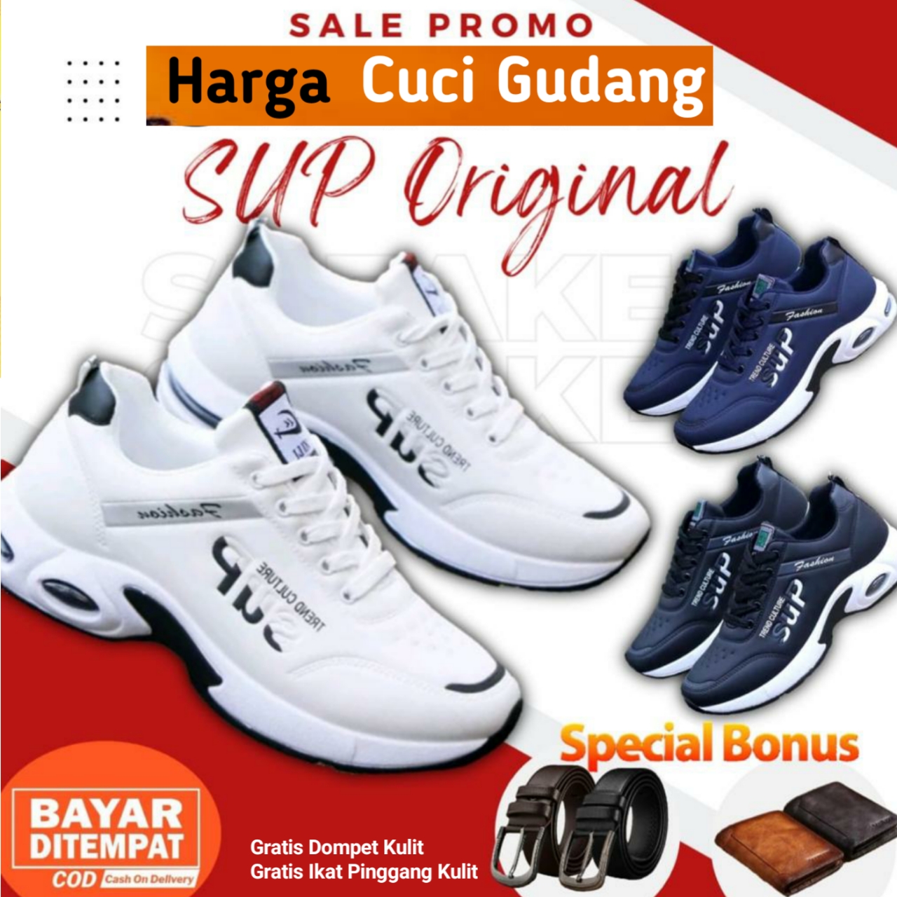 Sepatu Sup Sneakers Bonus Ikat pinggang kulit dan dompet Kulit logo
