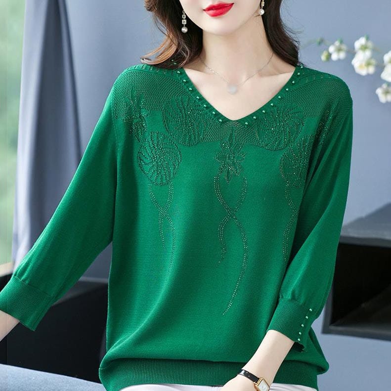 Women's V-Neck Pullover Shirt - Green Color