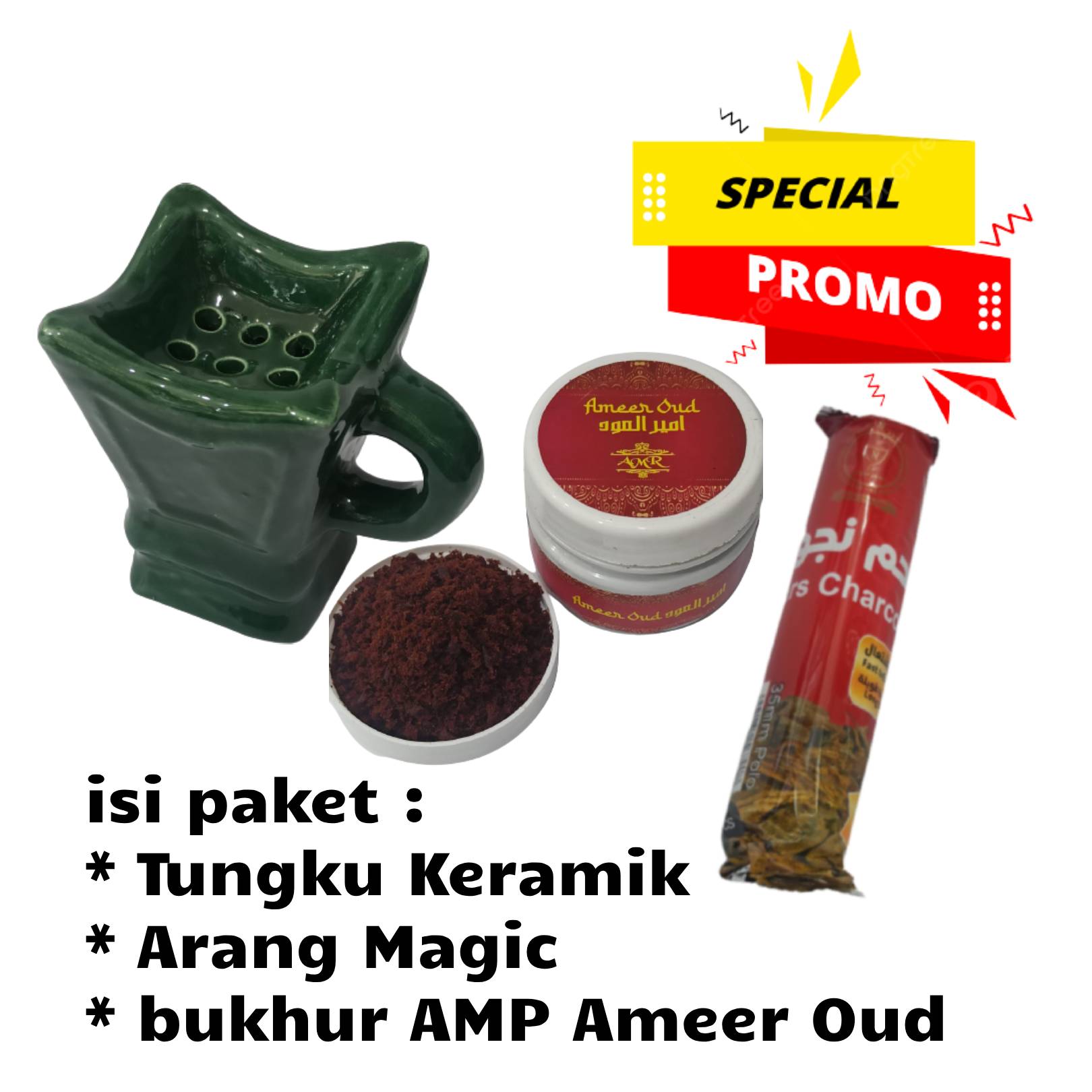 paket bukhur murah 3 in 1 bukhur amp + arang magic + tungku keramik logo