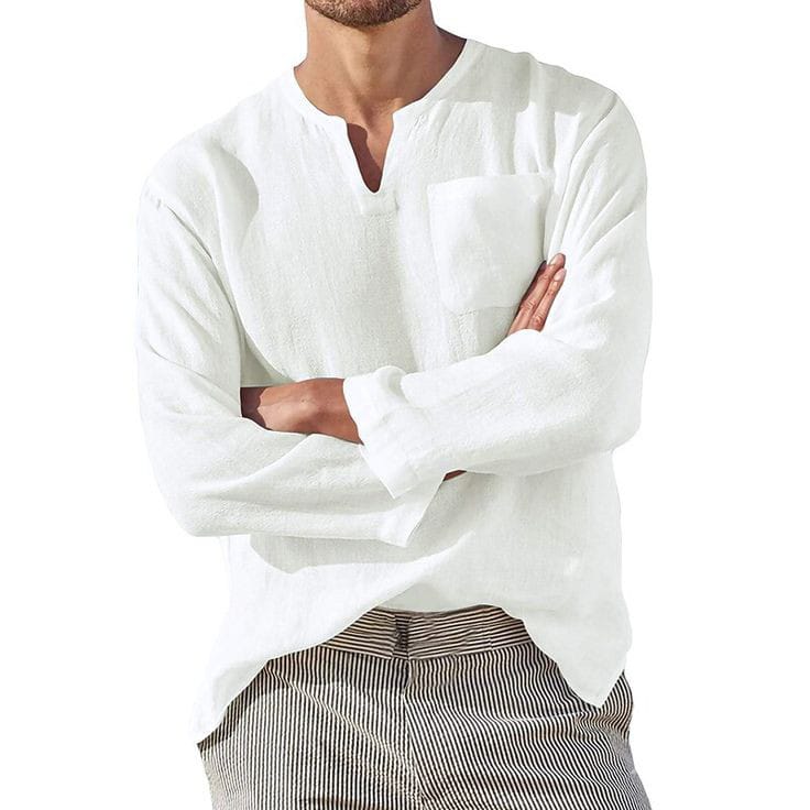 Baju Koko Linen Pria Lengan Panjang VNeck Cream