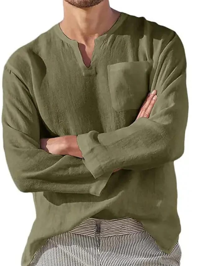 Baju Koko Linen Pria Dewasa Lengan Panjang Kerah VNeck Keren