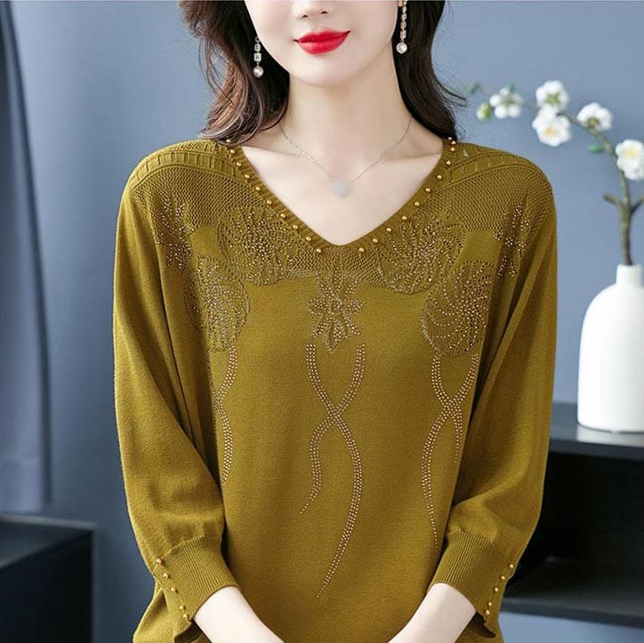 Women's V-Neck Pullover Shirt - Yellow Color
