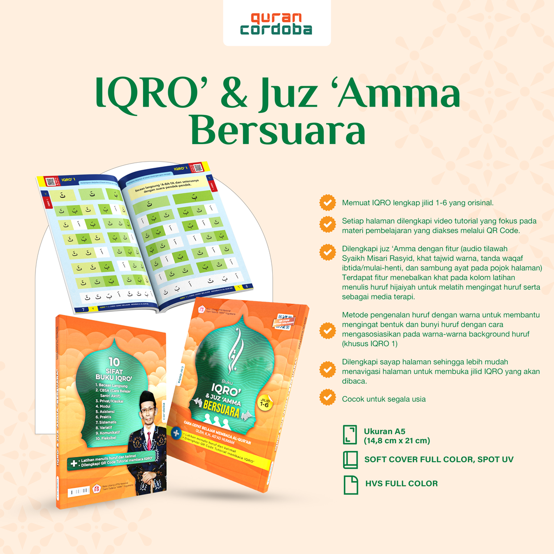 Buku IQRO’ & Juz ‘Amma Bersuara Quran Cordoba (A5) – Lengkap Jilid 1–6 + Audio & Video QR logo